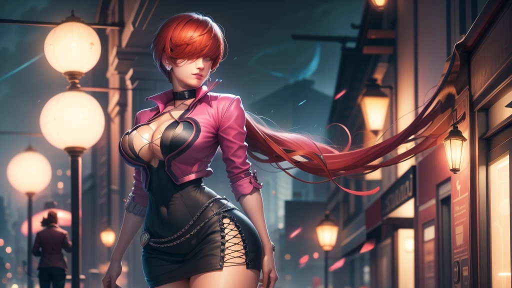 (at night), in a video game scene a background a beautiful city at night raining, alone, alone, standing at attention, pink suit, pink jacket, choker, neckline, cut of clothes, earrings, has long bangs on the hair covering the eyes ((hair over the eyes)), 1 girl, 20 years old, young woman, perfect hands, beautiful fingers, beautiful long legs, beautiful body, beautiful nose, beautiful character design, perfect face, looking at the spectator with serious gesture, is on a phone call with his cell phone in hand (focusing on his face), closed mouth, Light_Smile, official art, extremely detailed CG unity 8k wallpaper, perfect lighting, bright and colorful front lighting, skin glossy (masterpiece: 1.0), (best_quality: 1.0), ultra high resolution, 4K, ultra detailed photography, 8K, HDR, high resolution, nonsense:1.2, Kodak portra 400, film grain, blurred background, bokeh:1.2, lens flare, (vibrant_color:1.2), professional photography, (Beautiful, breasts: 1.4), (beautiful_face: 1.5), (narrow waist),