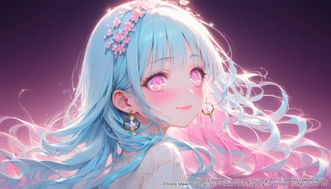masterpiece, best quality, extremely detailed, (illustration, official art:1.1), 1 girl ,(((( light blue long hair)))), ,(((( light blue long hair)))),light blue hair , , long hair ((blush)) , cute face, big eyes, masterpiece, best quality,(((((a very delicate and beautiful girl))))),Amazing,beautiful detailed eyes,blunt bangs(((( little delicate girl)))),tareme(true beautiful:1.2), sense of depth,dynamic angle,,,, affectionate smile, (true beautiful:1.2),,(tiny 1girl model:1.2),)(flat chest) ,Rainbow , One Girl, alone, Long Hair, Big round sunglasses on your head, View your audience, Glowing Eyes Background, jewelry, Mouth closed, Happy, Jacket, Upper Body, Earrings, necklace, From the side, sweater, lips, eyelash, Compensate, Wavy Hair, Earrings, cross, lipstick, ear Earrings, eye shadow, hoop Earrings, pink lips, Variegated eyes, Pink Theme, pink eye shadow, tattoo, Dark Background