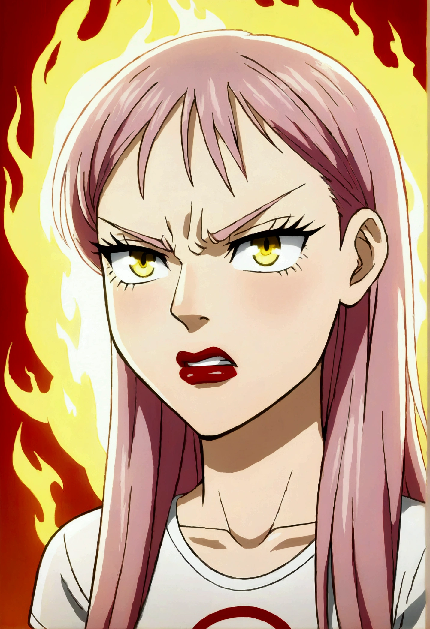Blonde hair girl, yellow eyes, pink hair, regatta t-shirt, bind ready, mocking look, Angry, Red lips.
