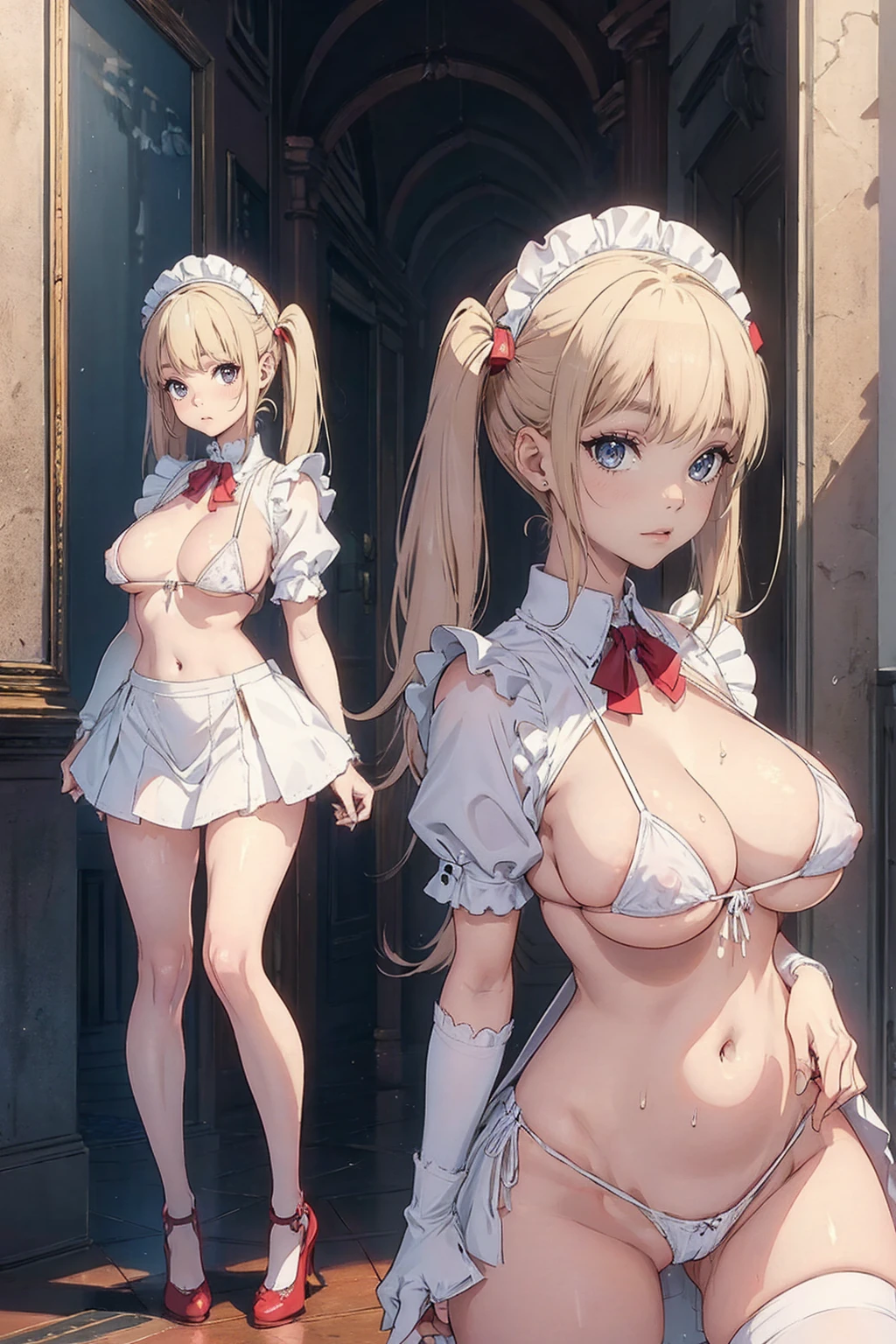 Masterpiece、Highest quality、Highest quality, (from below:1.3), (Long, slender legs, shoes:1.2), (squat, Spread your legs), 1 girl, Cute eyes, (Detailed face:1.3)、(Sexually stimulating fluids), Open your mouth, The whole face turns red, alone, Oversized breasts, Big and ample breasts, (Straight bangs, Twin tails:1.2), (White maid outfit:1.2)、(Nipples、Ultra-micro bikini that only covers the bust digs into the skin:1.2)、Side bust、Underbust、belly button、Walking through the mansion'corridor、Browsing Caution、shoes下