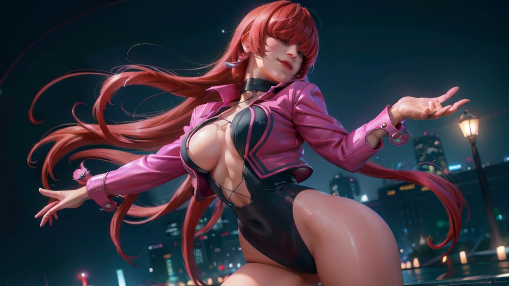(at night), in a video game scene a background a beautiful city at night raining, alone, alone, standing at attention, pink suit, pink jacket, choker, neckline, cut of clothes, earrings, has long bangs on the hair covering the eyes ((hair over the eyes)), 1 girl, 20 years old, young woman, perfect hands, beautiful fingers, beautiful long legs, beautiful body, beautiful nose, beautiful character design, perfect face, looking at the spectator with serious gesture, is on a phone call with his cell phone in hand (focusing on his face), closed mouth, Light_Smile, official art, extremely detailed CG unity 8k wallpaper, perfect lighting, bright and colorful front lighting, skin glossy (masterpiece: 1.0), (best_quality: 1.0), ultra high resolution, 4K, ultra detailed photography, 8K, HDR, high resolution, nonsense:1.2, Kodak portra 400, film grain, blurred background, bokeh:1.2, lens flare, (vibrant_color:1.2), professional photography, (Beautiful, breasts: 1.4), (beautiful_face: 1.5), (narrow waist),