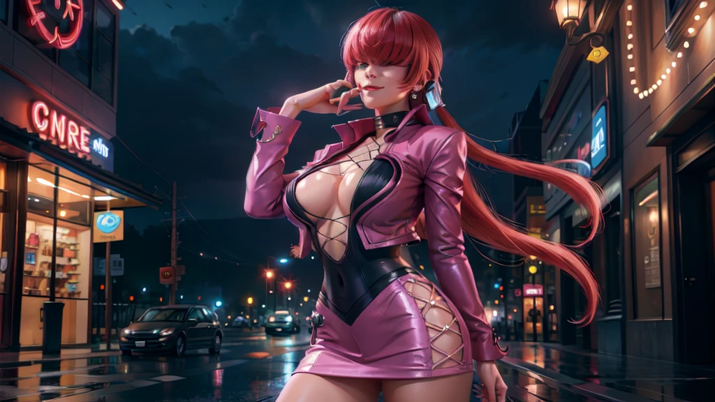 (at night), in a video game scene a background a beautiful city at night raining, alone, alone, standing at attention, pink suit, pink jacket, choker, neckline, cut of clothes, earrings, has long bangs on the hair covering the eyes ((hair over the eyes)), 1 girl, 20 years old, young woman, perfect hands, beautiful fingers, beautiful long legs, beautiful body, beautiful nose, beautiful character design, perfect face, looking at the spectator with serious gesture, is on a phone call with his cell phone in hand (focusing on his face), closed mouth, Light_Smile, official art, extremely detailed CG unity 8k wallpaper, perfect lighting, bright and colorful front lighting, skin glossy (masterpiece: 1.0), (best_quality: 1.0), ultra high resolution, 4K, ultra detailed photography, 8K, HDR, high resolution, nonsense:1.2, Kodak portra 400, film grain, blurred background, bokeh:1.2, lens flare, (vibrant_color:1.2), professional photography, (Beautiful, breasts: 1.4), (beautiful_face: 1.5), (narrow waist),
