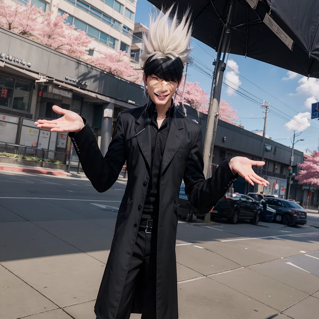 anime character dressed in black standing on a city street, dapper dream demon, he has dark grey hairs, fashion gameplay screenshot, he using japan school boy uniform, Blue eyes, cloth sim,.Gojou satoru, jujutsu kaisen. Laughing, fake smiling.