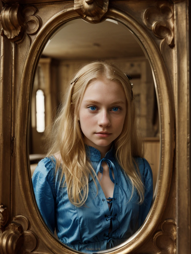 “A young girl with blonde hair and blue eyes, wearing medieval clothing, looking in a mirror. The style is engraving, with fine and detailed lines, high contrast and rich textures, evoking a sense of depth and three-dimensionality.”