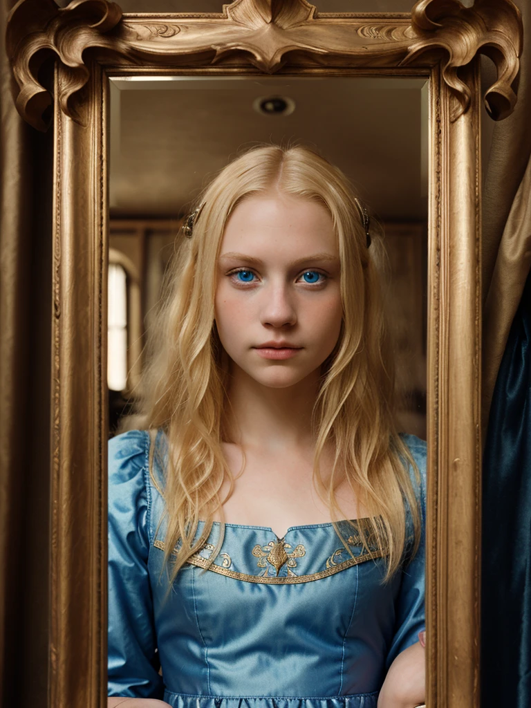 “A young girl with blonde hair and blue eyes, wearing medieval clothing, looking in a mirror. The style is engraving, with fine and detailed lines, high contrast and rich textures, evoking a sense of depth and three-dimensionality.”
