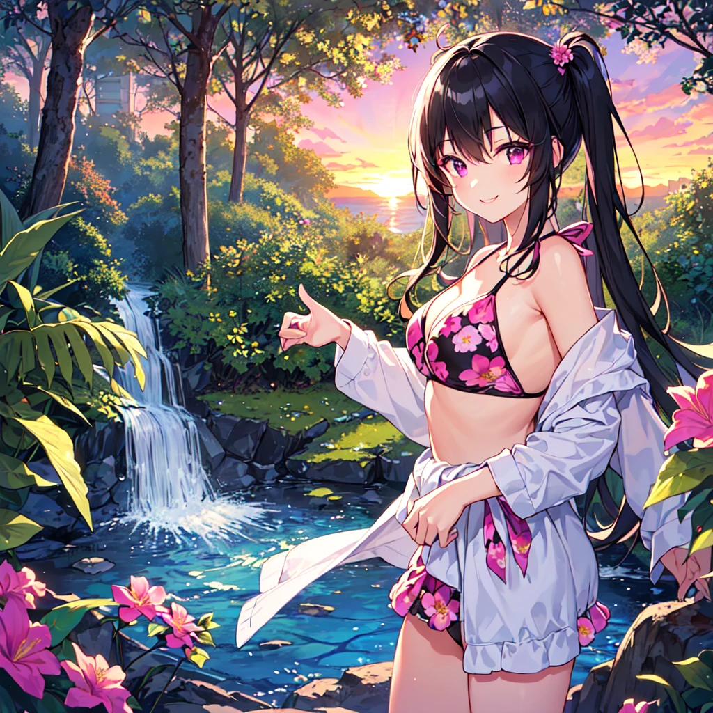 masterpiece, best quality, high quality, extremely detailed, very delicate and beautiful, (1 female 18 years old solo:1.5), (long black hair up to waist with two side up:1.5), bangs to eyebrows, eyes (eyes sharp, strong, glossy, glossy eyebrows), (eye color magenta:1.3), 6.5 head height, (bikini swimsuit summer flower print:1.3), ruffled, (smiling), (standing:1.3), (dynamic pose), (background waterfall forest:1.3) ,(sunset:1.3)