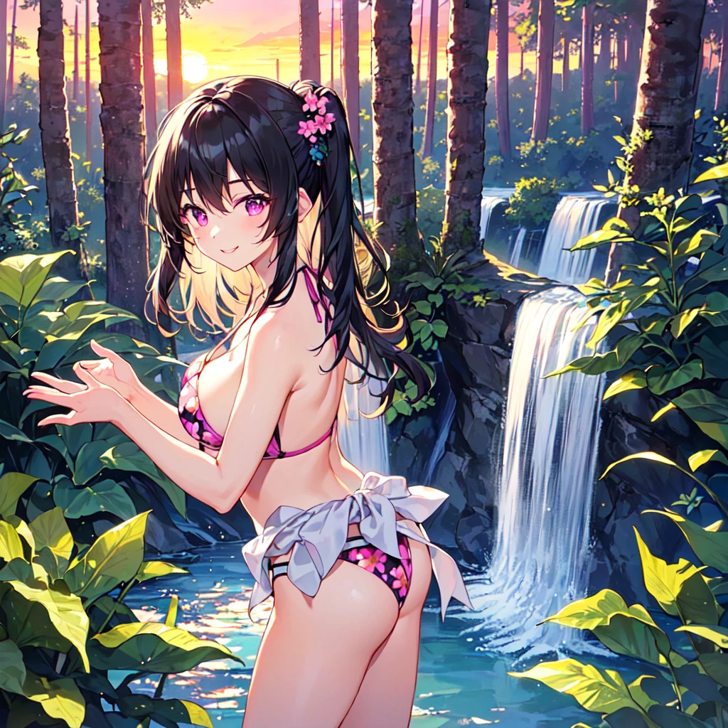 masterpiece, best quality, high quality, extremely detailed, very delicate and beautiful, (1 female 18 years old solo:1.5), (long black hair up to waist with two side up:1.5), bangs to eyebrows, eyes (eyes sharp, strong, glossy, glossy eyebrows), (eye color magenta:1.3), 6.5 head height, (bikini swimsuit summer flower print:1.3), ruffled, (smiling), (standing:1.3), (dynamic pose), (background waterfall forest:1.3) ,(sunset:1.3)