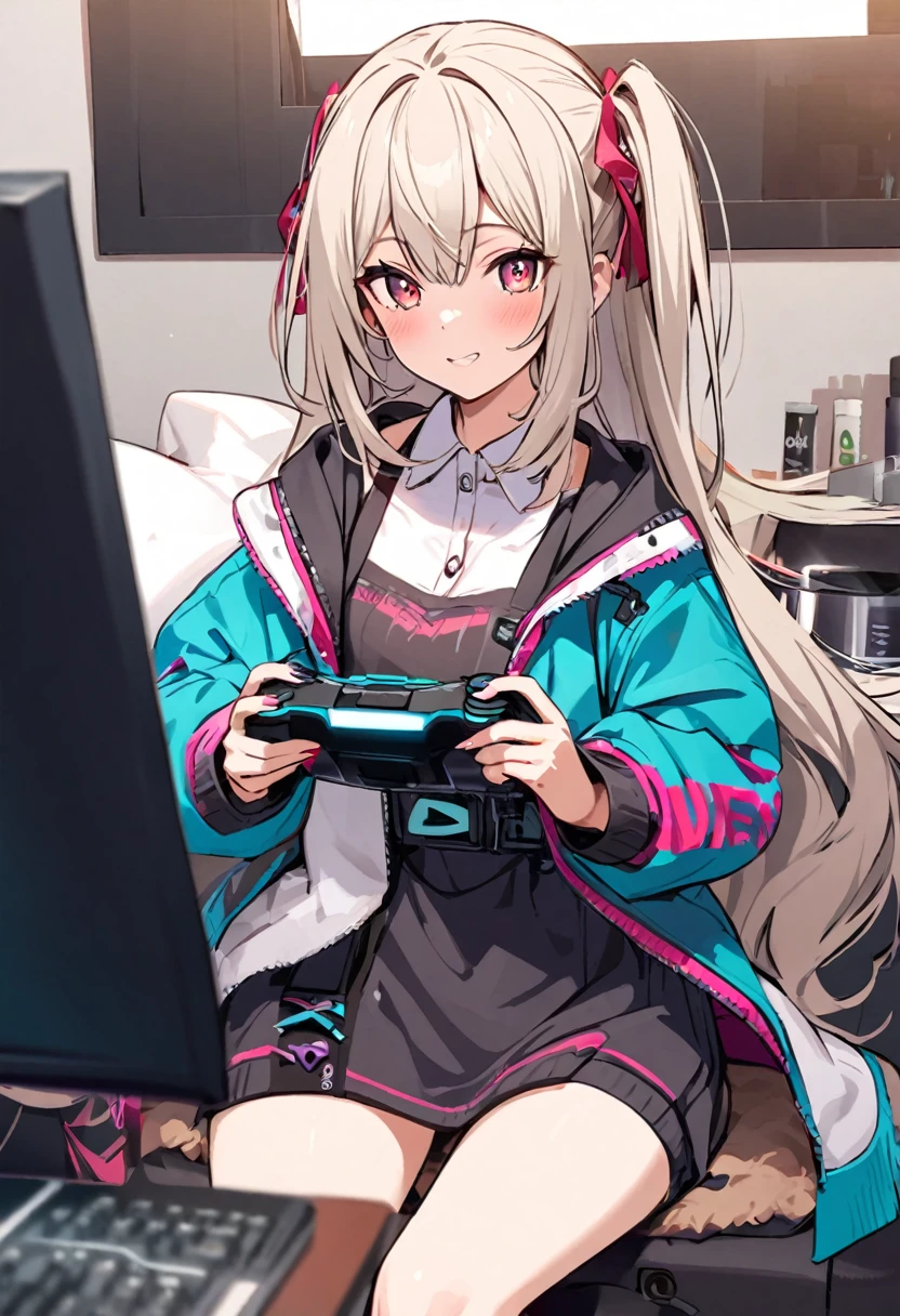 Gamer Girls&#39;　Beautiful gray hair、Short Hair、Beautiful Blue Eyes、Tube top、Cameltoe、black tights、Small breasts、Dark look、Sad face、Condescending expression、A low angle view of what&#39;s under her skirt、The nipples are erect、In heat、Flushed face