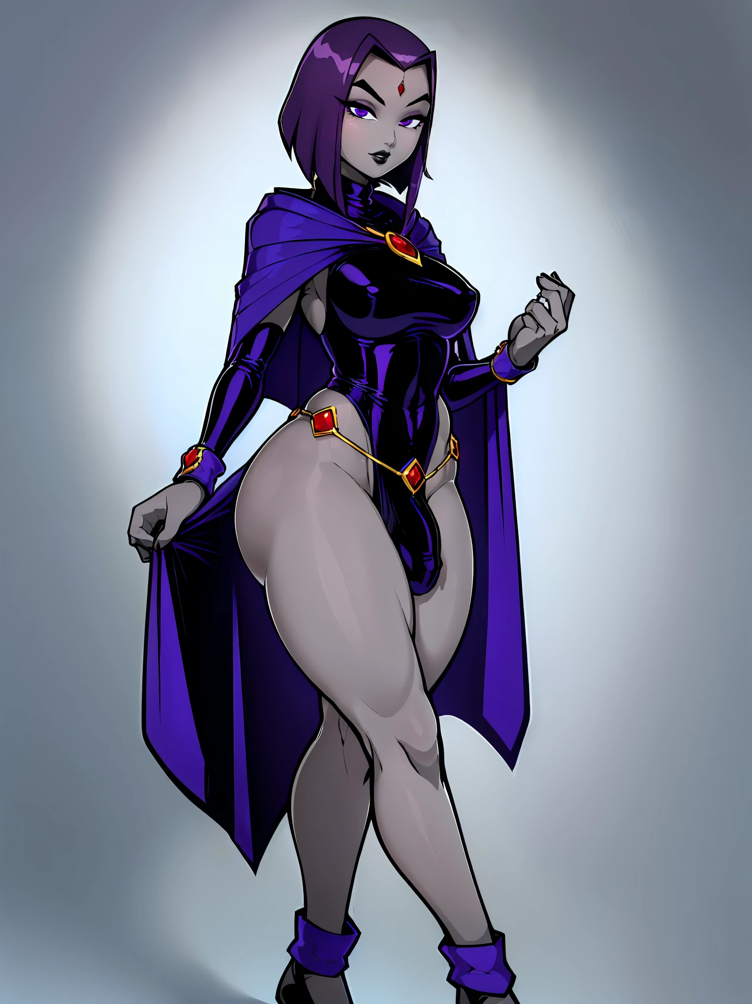(solo:1.1),(masterpiece), (best quality:1.3), ultra detailed, intricate, (nice hands:1.6), professional art, digital art, absurdres, shadraven, (Full body view:1.1), 1girl, solo, (grey skin:1.4), dark purple hair, bob hair, purple eyes, hips wider than shoulders, pear shaped body, jewellery, detailed thighs, thick thighs, red jewel in forehead, jewels, (long sleeved turtleneck leotard:1.3), cuffs, small breasts, (shadraven cloak), (Shadraven broach:1.2), Shadraven jewel belt, Shadraven wearing a long sleeved leotard, long legs, ( long crotch bulge:1.4), large penis, large testicles, side view, looking at viewer, bubble butt , gluteal crease, universal lighting,,
