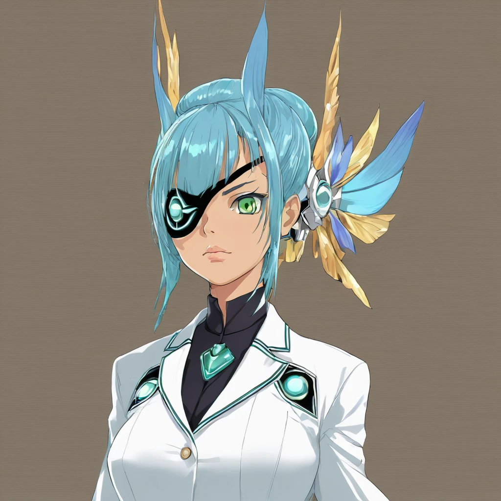 Mikumari \(Xenoblade\)masterpiece, Highest quality, ((1 person)),Blue Hair,Green Eyes,Serious expression, smile,Upper Body,Line art,Medium Hair,White blazer,Black T-shirt,Big Breasts,Bunhead,Black Mask, Expressionless eyes,((Kubo Obito Style)) Detailed face, Face Focus, Are standing, Black Hair,(hair ornaments:1.35),office lady, Sleeves edged with ribbon, Removable sleeves, Ribbon trim, Wide sleeves, (View your audience:1.5) Long Hair, iris, bangs, lips