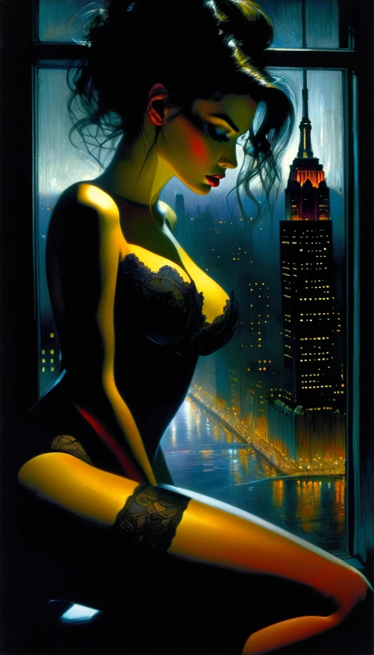 sexy girl, next to a large window overlooking a big city, night, sadness, melancholy, sexy, lingerie, stockings, elegant and provocative, lascivious, eroticism, sexy,  between shadows, oil painting, chiaroscuro, sensual, dramatic lighting, moody atmosphere, photorealistic, intricate details, masterpiece, ultra-detailed, high quality, 8k, best quality, realistic, cinematic, dark and brooding, expressionistic, powerful composition, emotional impact, Bill Sienkiewicz inspired art
