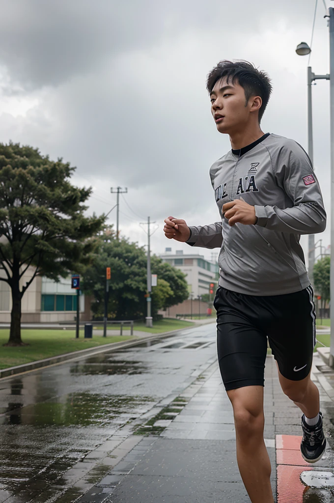 a young man from Korea was running towards campus in a rainy atmosphere