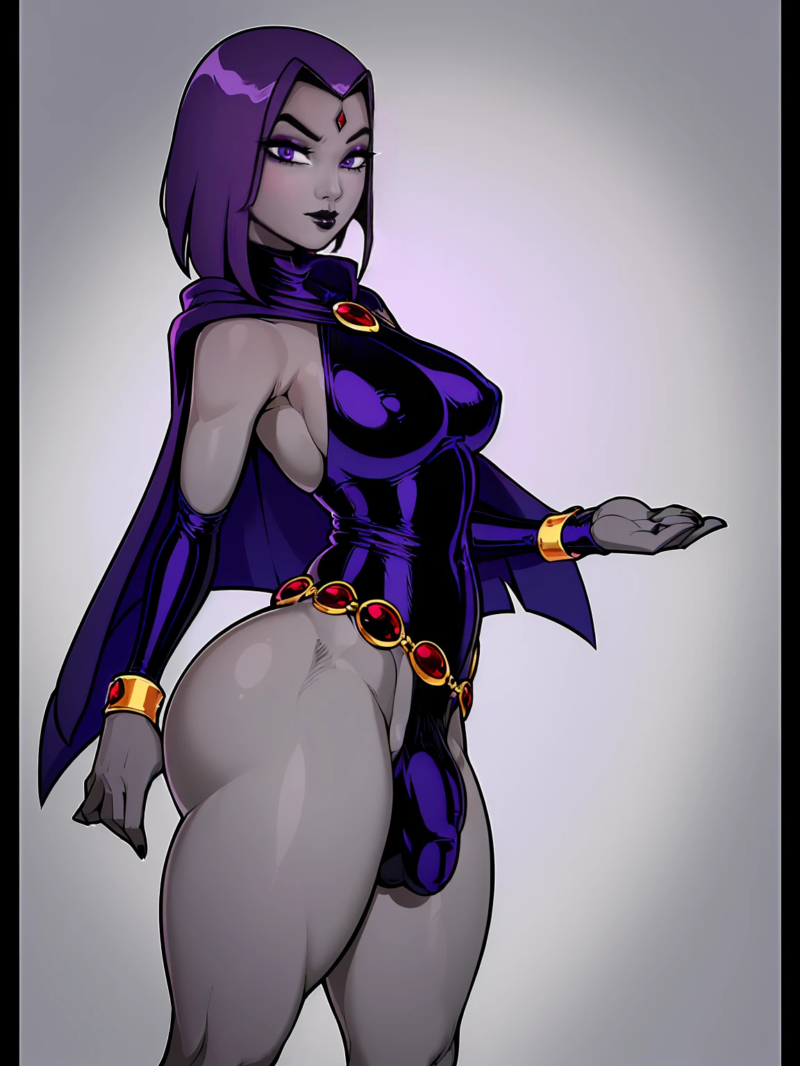 (solo:1.1),(masterpiece), (best quality:1.3), ultra detailed, intricate, (nice hands:1.6), professional art, digital art, absurdres, shadraven, (Full body view:1.1), 1girl, solo, (grey skin:1.4), dark purple hair, bob hair, purple eyes, hips wider than shoulders, pear shaped body, jewellery, detailed thighs, thick thighs, red jewel in forehead, jewels, (long sleeved turtleneck leotard:1.3), cuffs, small breasts, (shadraven cloak), (Shadraven broach:1.2), Shadraven jewel belt, Shadraven wearing a long sleeved leotard, long legs, ( long crotch bulge:1.4), large penis, large testicles, side view, looking at viewer, bubble butt , gluteal crease, universal lighting,,