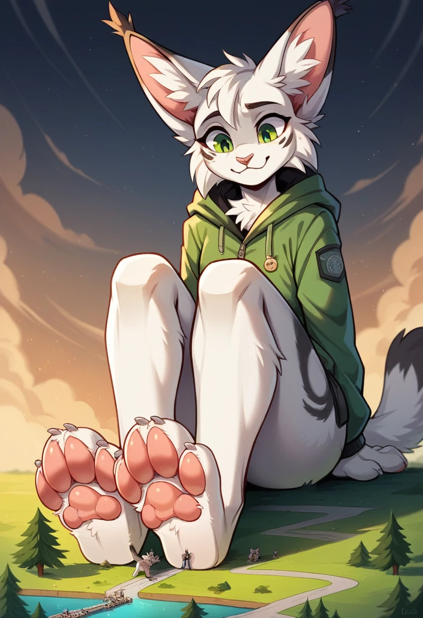 anthro, cat, white fur, green eyes, green jacket, big ears, Macro, Fußfocus, good lighting, Focus on feet, Sit, satisfies golden lynx Furry with his feet, fluffy, pelzig paws, Paw pads, schwarze Paw pads,