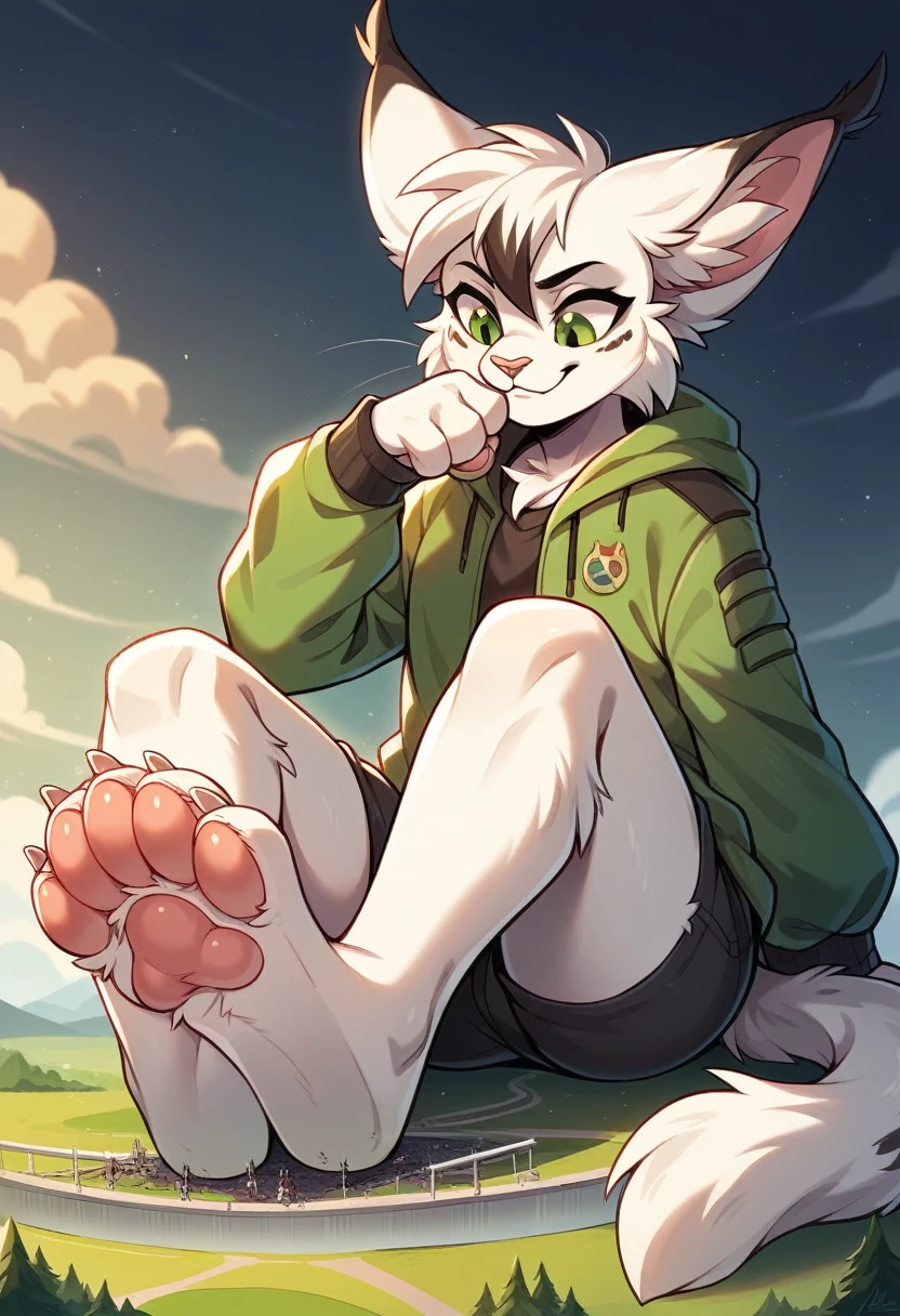 anthro, cat, white fur, green eyes, green jacket, big ears, Macro, Fußfocus, good lighting, Focus on feet, Sit, satisfies golden lynx Furry with his feet, fluffy, pelzig paws, Paw pads, schwarze Paw pads,