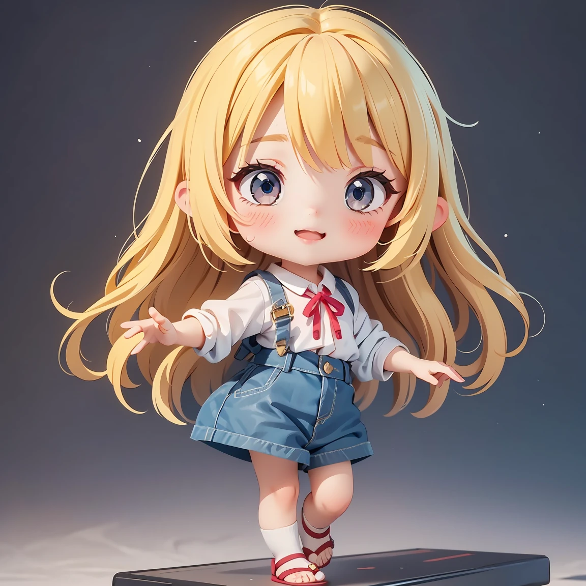  Super Chibi Character：1.8、wearing cute sandals、background：Simple all over、Blonde Hair、Cute 7 year old girl、Random cute outfits、Short legs、Sandals with ribbon、Dancing happily、Dancing happily