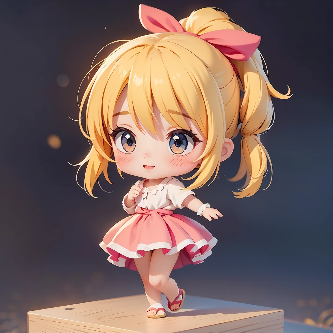 Super Chibi Character:1.8、wearing cute sandals、background:Simple all over、Blonde Hair、Cute 7 year old girl、Random cute outfits、Short legs、Sandals with ribbon、Dancing happily、Dancing happily