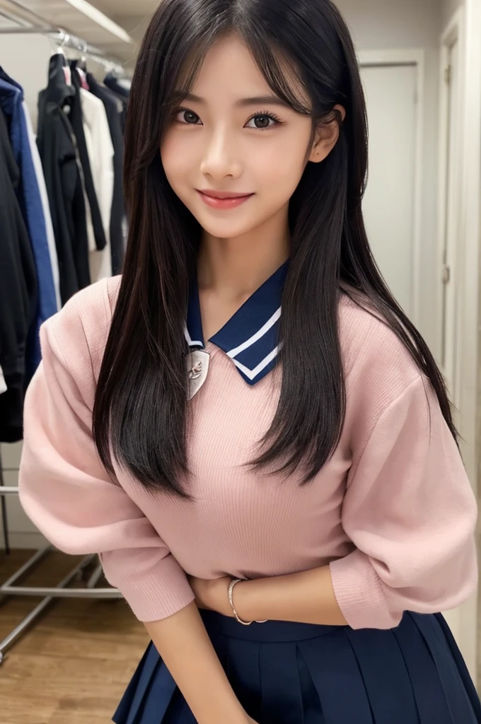 紺と白のセーラー服、Drama club room, high school senior, drama club president, ((full body)), ((photo)), ((best qualtiy, 8K, tmasterpiece:1.3)), Focus:1.2, perfect figure beautiful girl:1.4, 1girl, cowboy shot, look at viewer, eyes facing the camera, incredibly absurd, beautiful and cute girl with a photorealistic face, showcasing top-quality craftsmanship, A Japanese girl preparing for club activities in the drama club room, 15 years old, long, straight, silky black hair, fair skin, big eyes, thin eyebrows, double eyelids, long eyelashes, pink lips, smile, devilish smile, gorgeous features, well-defined facial features, beautiful face line, mysterious beauty, slender, tall, well-balanced proportions, large E-cup breasts, navy blue sailor uniform, favorite silver accessories, well-groomed nails, pretty girl, beauty, devilish type, pretty older sister, passionate about art, sociable, friendly, positive, has leadership skills, is proactive, is flexible, gets things done efficiently, works hard towards dreams and goals, May