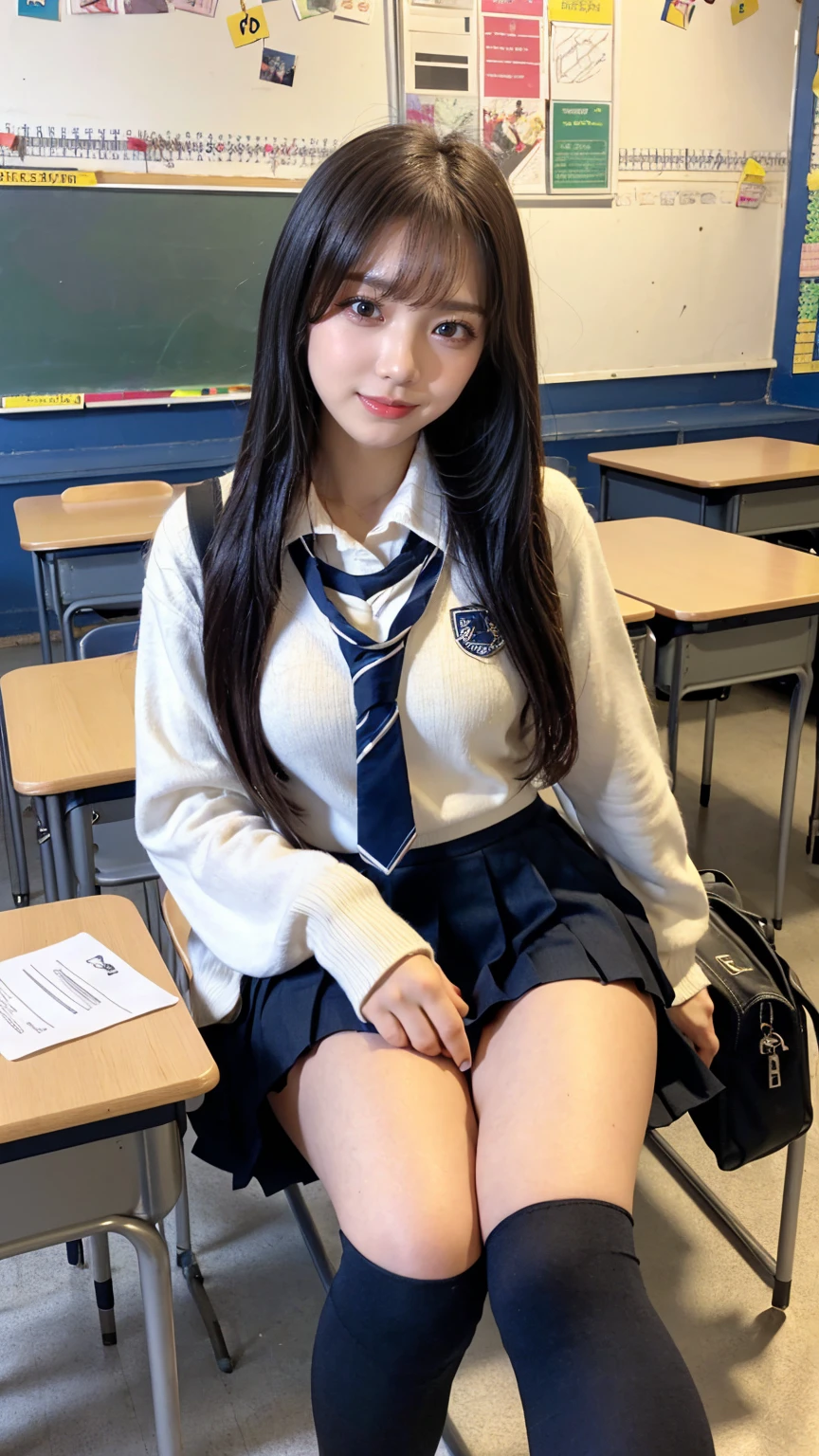 ((masterpiece, Highest quality)),Best aesthetics,One Girl, , mechanical, Sitting, school mechanical, Black hair straight, classroom, Long Hair, indoor, Chair, View your audience, :p, Focus Only, Brown eyes, mini skirt, Long sleeve, pencil, 1 boy, pencil case, paper, Black Seraphim, Multiple Girls, Pleated skirt, Sailor collar, bangs, Headrest, school bag, school Chair,smile,,Knee-high socks,underboob