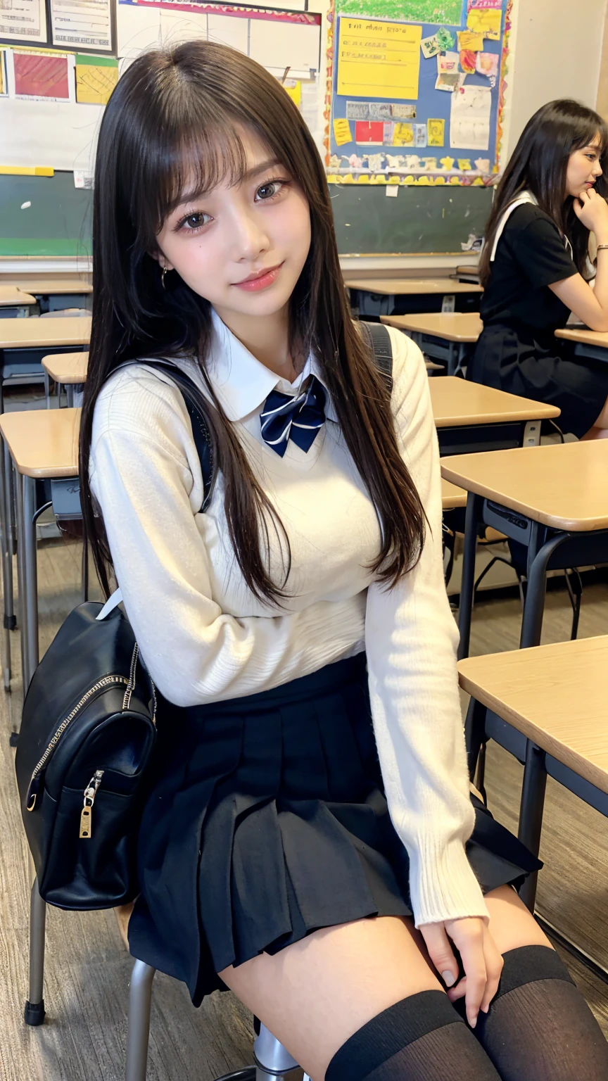 ((masterpiece, Highest quality)),Best aesthetics,One Girl, , mechanical, Sitting, school mechanical, Black hair straight, classroom, Long Hair, indoor, Chair, View your audience, :p, Focus Only, Brown eyes, mini skirt, Long sleeve, pencil, 1 boy, pencil case, paper, Black Seraphim, Multiple Girls, Pleated skirt, Sailor collar, bangs, Headrest, school bag, school Chair,smile,,Knee-high socks,underboob