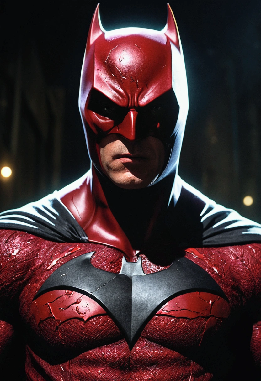 ampire super hero, dc comics, dc, movie quality, anti hero, antagonist, red cowl, no horns, damaged, ripped suit, blood, gashes, showing face, intricate detail, highly detailed, volumetric lighting, 4k rendering, stock photo, ultra-realistic, realistic textures, dramatic lighting, depth of field, film, (very wide angle: 1.3), dark light, wide angle INFO