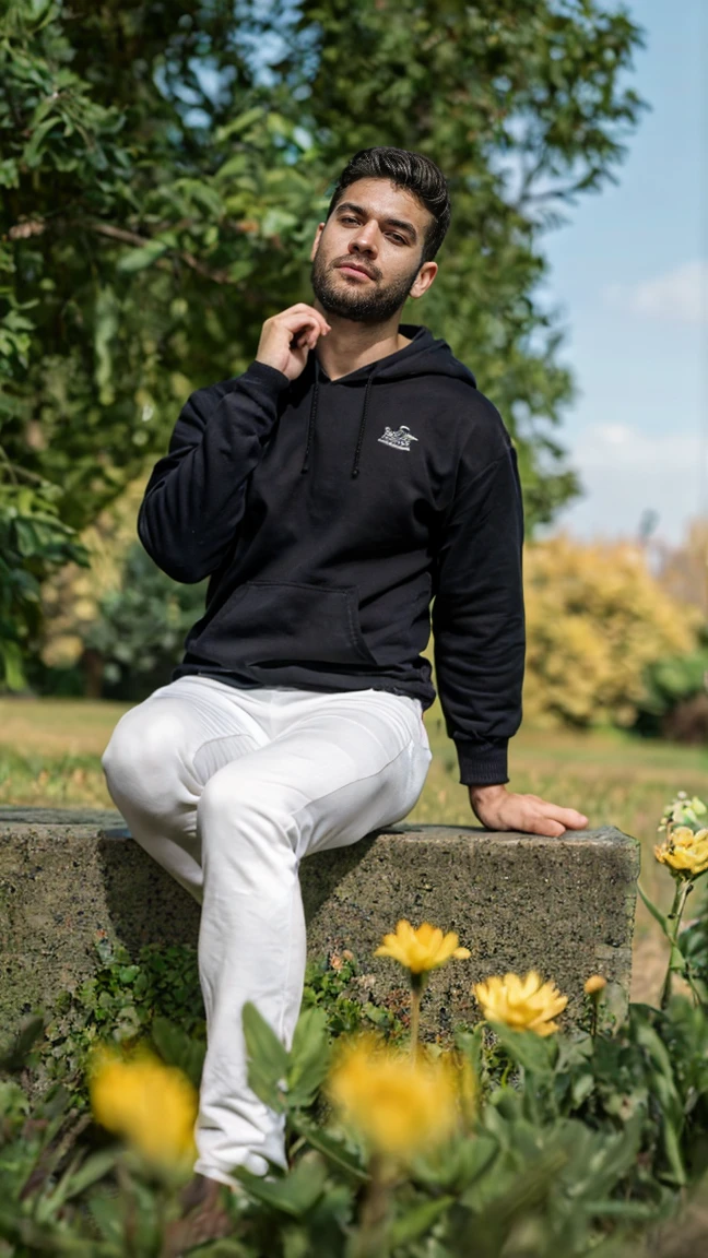 Real image of an athletic 30 year old Turkish model with a short beard and short black hair wearing a black sweatshirt and white pants, sitting on a stone in a field of few trees surrounded by flowers, 4k HD real image, High Definition, remove cgi, eliminar 3d. natural and realistic skin. Photorealistic style. full body angle. ultra real image. sharp and true focus.