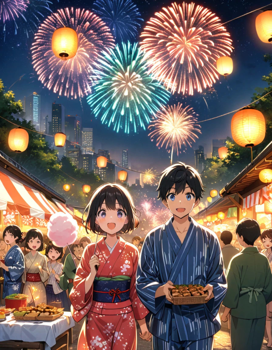 Japanese summer fireworks festival, spectacular night sky filled with vibrant exploding fireworks, colorful bursts of red, gold, green, and blue, shimmering reflections on river surface, crowded riverbank with spectators in yukata and jinbei, families on picnic blankets, food stalls with lanterns, yakisoba and takoyaki vendors, children with sparklers, couples sharing cotton candy, bridge in background, distant city skyline, clear starry sky between fireworks, animated excited expressions on people's faces, detailed anime style illustration, dynamic composition capturing both fireworks and crowd, warm summer evening atmosphere --niji 6