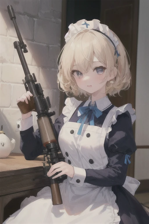 ((Highest quality:1.6)), ((detailed:1.4)), (Ultra-high resolution:1.6)(detailed:1.6), (Perfect Face:1.4), (detailedなイラスト:1.6), (Ultra-high resolution:1.6), girl, A very concentrated face, cute, Blonde, Small breasts, Black and white maid outfit, Blue ribbon, White apron, Gothic maid outfit, Long, Above the Battlements, On the wall, Defend the castle, European Castles, Castle, (Sniperrifleで狙撃:1.6), Sniper, Sniper, Sniperrifleを構えてる, rifle, gun, アサルトrifle, defense, gun撃戦,