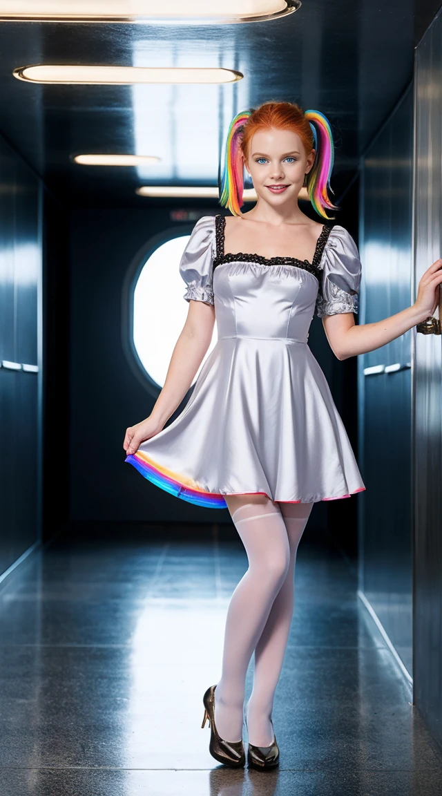 Cute redhead with rainbow colored hair tips, ribbons in her hair, 18-year-old woman, happy, in twin tails, perfect eyes, clear sparkling blue eyes, pale skin, silky smooth skin, standing on a fancy metal luxurious space ship, futuristic corridor, dark warm lighting, wearing a futuristic party dress, pleated (chemise) mini dress (pastel rainbow colors, and polka dots), puffy sleeves, silk, wearing full body pantyhose, cute short cut booties.