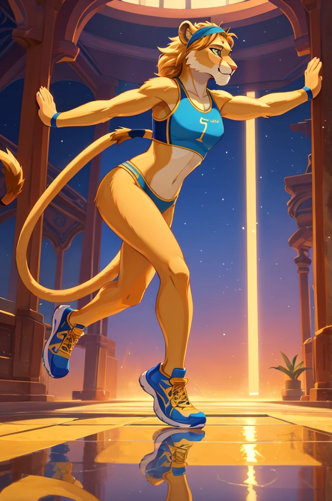 A stylized golden Lioness wearing a headband and a pair of running shoes, transmitting strength and elegance Colors,Golden for the lioness, reflecting the exclusivity , disney pixar style, high qualiy, best qualityer.