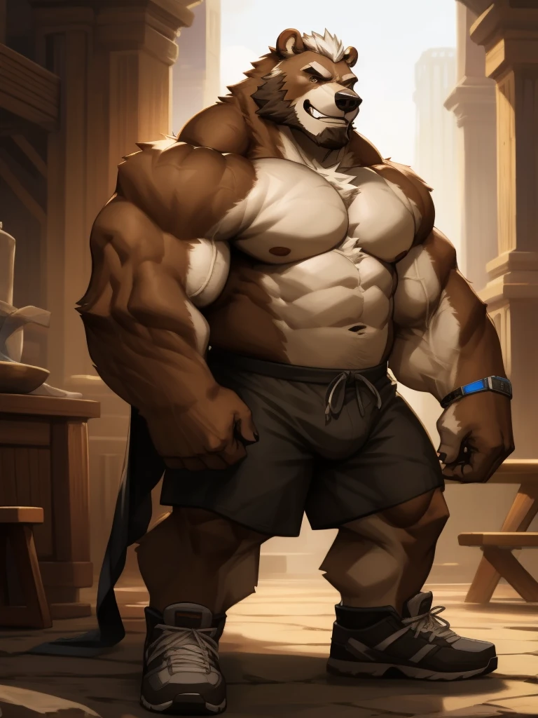 a potrait, full body, semirelistic:1.2, masterpiece, detailed face, muscular old grizzly bear in front gym, old bear, thick arm, huge arm, huge brown fur, bearded. white hair and beard, bearded gray, muscular, huge pectoral, wide pectoral, realistic, 8k, masterpiece, (wearing white shorts and shirtless:1.3, shoes), grin