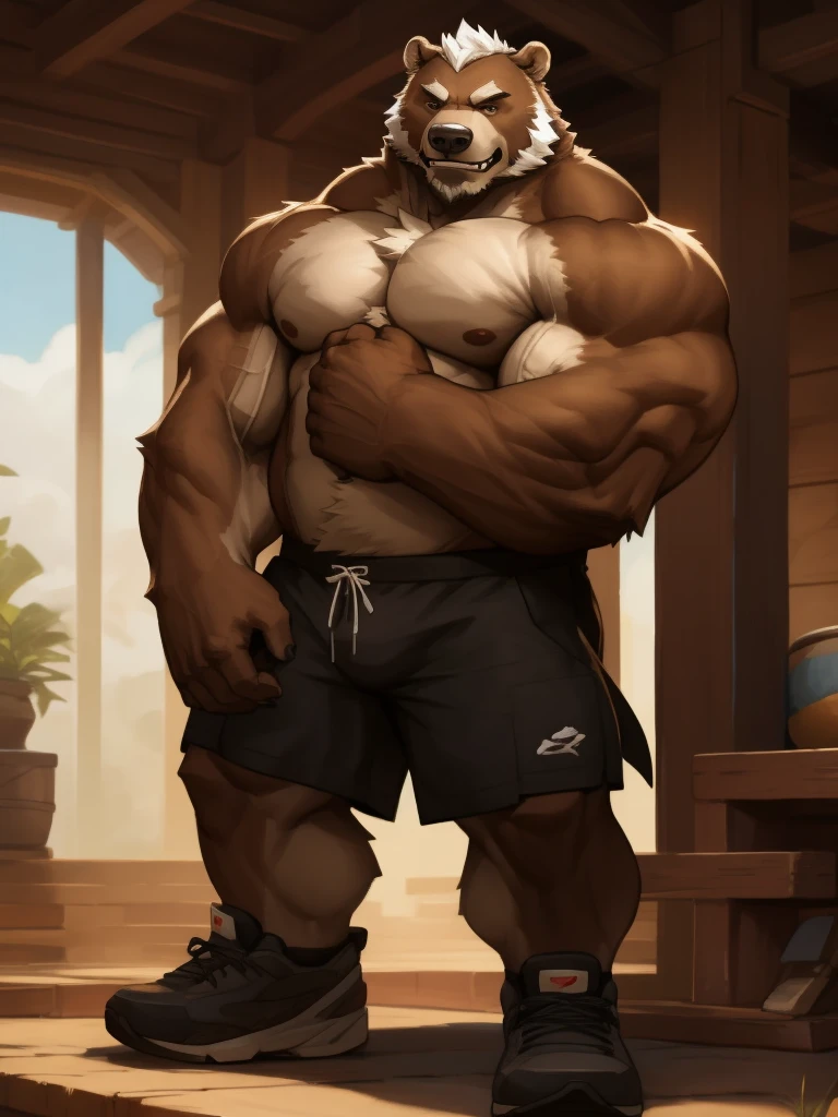 a potrait, full body, semirelistic:1.2, masterpiece, detailed face, muscular old grizzly bear in front gym, old bear, thick arm, huge arm, huge brown fur, bearded. white hair and beard, bearded gray, muscular, huge pectoral, wide pectoral, realistic, 8k, masterpiece, (wearing white shorts and shirtless:1.3, shoes), grin