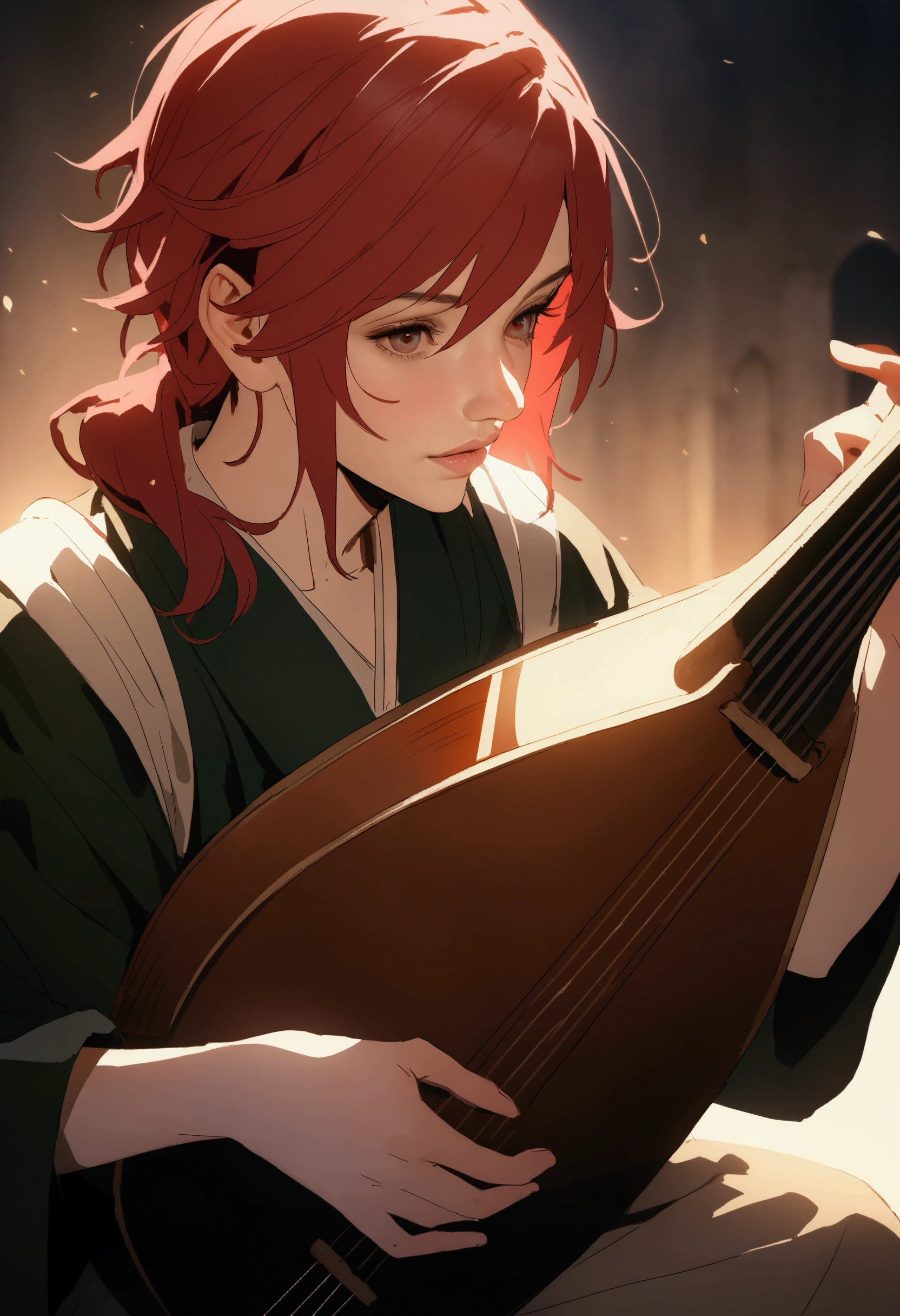 A young redheaded bard playing a lute, extremely detailed hands, medieval fantasy, cinematic lighting, dramatic colors, digital painting, concept art, highly detailed, photorealistic, 8k, masterpiece