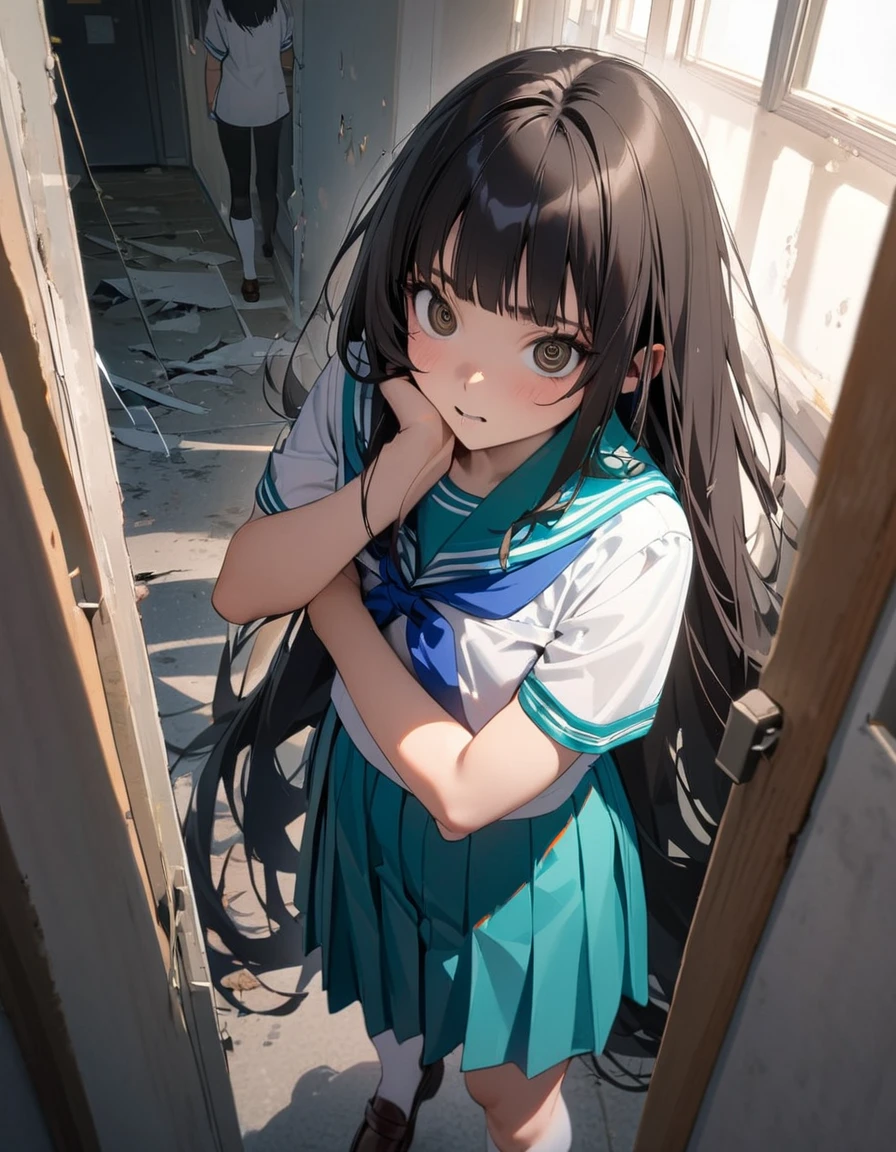 (8k, best quality, master piece: 1.2),super high resolution,1 girl,独奏,15yo,ultra-detailed face,detailed eyes,brown eyes,very long hair,glossy black hair,Hime cut,straight hair,(hair spread out),crazy,sailor suit,aqua collar, white shirts, short sleeve, school,aqua skirt,black scarf,White knee-high socks,Tea loafers,Are standing,rim light,Broken Window,School corridor