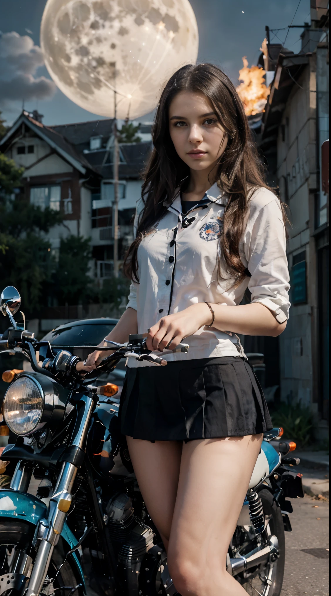 17-year-old Waifu  School girl posando na frente de uma motocicleta futurista, the motorcycle has skulls and blue flames highly detailed 3D graphics, night scenery with full moon in the background, she is wearing a  White SchoolUniform with 3D skulls and flames and Sailor Miniskirt, Pantyhose, HDR, epic realism, high-octane rendering, obra de arte,