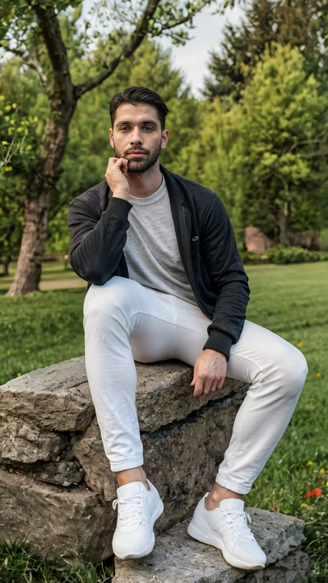 Real image of an athletic 30 year old Turkish model with a short beard and short black hair wearing a black sweatshirt and white pants, sitting on a stone in a field of few trees surrounded by flowers, 4k HD real image, High Definition, remove cgi, eliminar 3d. natural and realistic skin. Photorealistic style. full body angle. ultra real image. sharp and true focus.