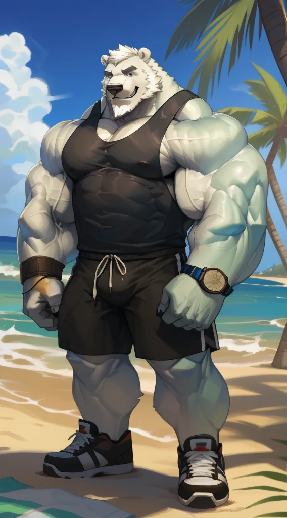 huge muscular polar bear in L.A. beach, big smile, polar bear, huge white fur, thick arm, huge arm, bearded. white hair and beard, bearded, (muscular, pectoral, wide pectoral, thick arms), beach, palm, realistic, 8k, masterpiece, (wearing black shorts, wristband, watch and white tank top, shoes)