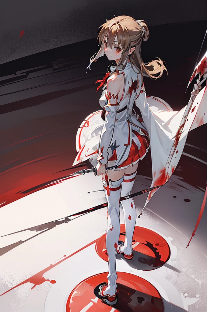 8k,(Asuna(sao): 1.6),one Girl, Solo,(perfect anatomy:1.43), (medium Hair:1.55) ,(Half Up:1.45),Bangs, Brown Eyes,Fine Eyes,(sad smile:1.3),white thighhighs,(Brown Hair:1.6),blood-soaked boots,(18 years old:1.5),Full Body,(fusion of bloody white silver full plate armor and blood-soaked long cape:1.63),(Bare Shoulders:1.5),(mini Skirt:1.26),(holding blood-soaked one rapier:1.43),(standing on moonlit night blood pool battlefield:1.52),Fantasy,(blood effect:1.53),pov,eye-level view,(drop shadow:1.21)