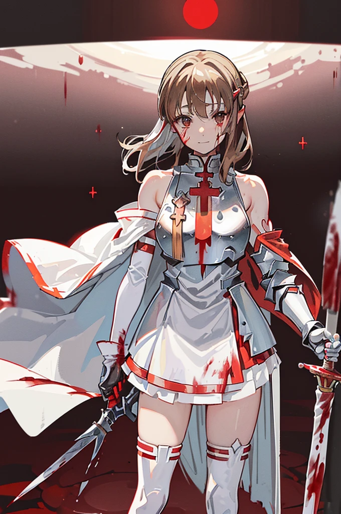 8k,(Asuna(sao): 1.6),one Girl, Solo,(perfect anatomy:1.43), (medium Hair:1.55) ,(Half Up:1.45),Bangs, Brown Eyes,Fine Eyes,(sad smile:1.3),white thighhighs,(Brown Hair:1.6),blood-soaked boots,(18 years old:1.5),Full Body,(fusion of bloody white silver full plate armor and blood-soaked long cape:1.63),(Bare Shoulders:1.5),(mini Skirt:1.26),(holding blood-soaked one rapier:1.43),(standing on moonlit night blood pool battlefield:1.52),Fantasy,(blood effect:1.53),pov,eye-level view,(drop shadow:1.21)
