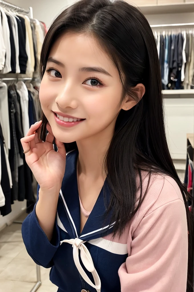 紺と白のセーラー服、Drama club room, high school senior, drama club president, ((full body)), ((photo)), ((best qualtiy, 8K, tmasterpiece:1.3)), Focus:1.2, perfect figure beautiful girl:1.4, 1girl, cowboy shot, look at viewer, eyes facing the camera, incredibly absurd, beautiful and cute girl with a photorealistic face, showcasing top-quality craftsmanship, A Japanese girl preparing for club activities in the drama club room, 15 years old, long, straight, silky black hair, fair skin, big eyes, thin eyebrows, double eyelids, long eyelashes, pink lips, smile, devilish smile, gorgeous features, well-defined facial features, beautiful face line, mysterious beauty, slender, tall, well-balanced proportions, large E-cup breasts, navy blue sailor uniform, favorite silver accessories, well-groomed nails, pretty girl, beauty, devilish type, pretty older sister, passionate about art, sociable, friendly, positive, has leadership skills, is proactive, is flexible, gets things done efficiently, works hard towards dreams and goals, May