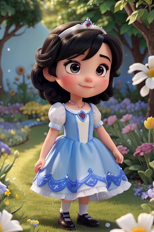 1 fly, LIGHT WHITE SKIN LIKE SNOW WHITE, medium black dark hair, cute brown eyes, big blue princess dress outfit, in the middle of a garden full of flowers,  Grinning, Vivid color 