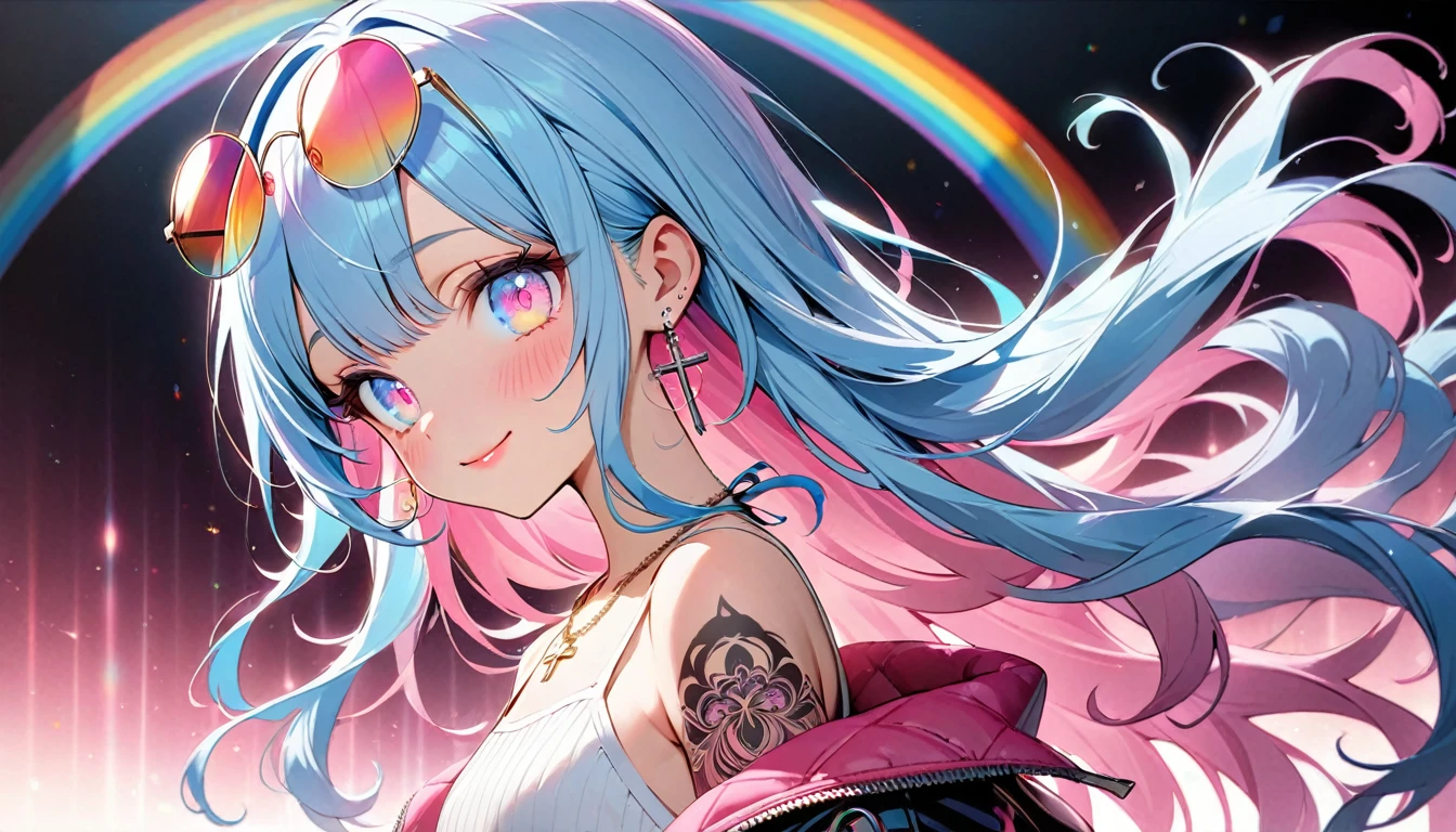 masterpiece, best quality, extremely detailed, (illustration, official art:1.1), 1 girl ,(((( light blue long hair)))), ,(((( light blue long hair)))),light blue hair , , long hair ((blush)) , cute face, big eyes, masterpiece, best quality,(((((a very delicate and beautiful girl))))),Amazing,beautiful detailed eyes,blunt bangs(((( little delicate girl)))),tareme(true beautiful:1.2), sense of depth,dynamic angle,,,, affectionate smile, (true beautiful:1.2),,(tiny 1girl model:1.2),)(flat chest) ,Rainbow , One Girl, alone, Long Hair, Big round sunglasses on your head, View your audience, Glowing Eyes Background, jewelry, Mouth closed, Happy, Jacket, Upper Body, Earrings, necklace, From the side, sweater, lips, eyelash, Compensate, Wavy Hair, Earrings, cross, lipstick, ear Earrings, eye shadow, hoop Earrings, pink lips, Variegated eyes, Pink Theme, pink eye shadow, tattoo, Dark Background