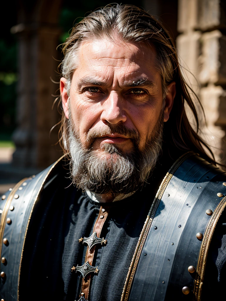 Photo in the Gothic style, Ancient warrior, long gray beard, Ancient armor, warlike pose, looking at the viewer, Gothic lighting, depth of field, bokeh, (against the background of an old castle),