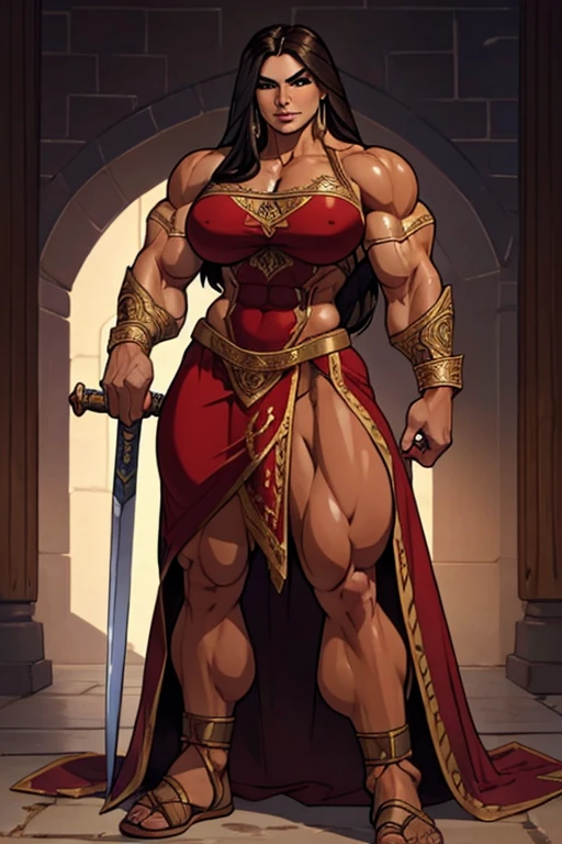 fullbody view, (((muscular))) beautiful persian woman, long dark hair, woman in medieval setting, wearing ornate cloth, warrior woman with a curved sword, perfect and flawless musculature, bulky and powerful bodybuilder physique