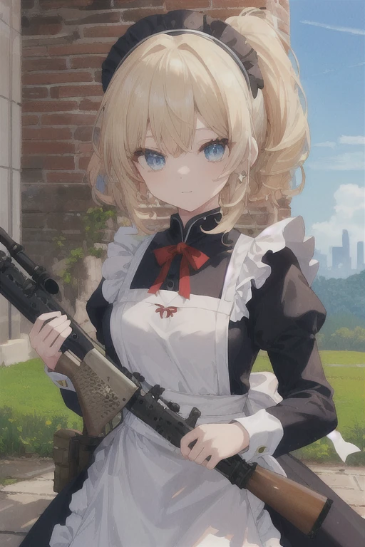 ((Highest quality:1.6)), ((detailed:1.4)), (Ultra-high resolution:1.6)(detailed:1.6), (Perfect Face:1.4), (detailedなイラスト:1.6), (Ultra-high resolution:1.6), girl, A very concentrated face, cute, Blonde, Small , Black and white maid outfit, Blue ribbon, White apron, Gothic maid outfit, Long, Above the Battlements, On the wall, Defend the castle, European Castles, Castle, (Sniperrifleで狙撃:1.6), Sniper, Sniper, Sniperrifleを構えてる, rifle, gun, アサルトrifle, defense, gun撃戦,