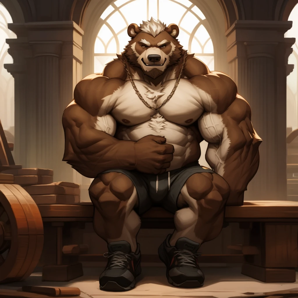 a potrait, full body, semirelistic:1.2, masterpiece, detailed face, muscular old grizzly bear in front gym, old bear, thick arm, huge arm, huge brown fur, bearded. white hair and beard, bearded gray, muscular, huge pectoral, wide pectoral, realistic, 8k, masterpiece, (wearing white shorts and shirtless:1.3, shoes), grin