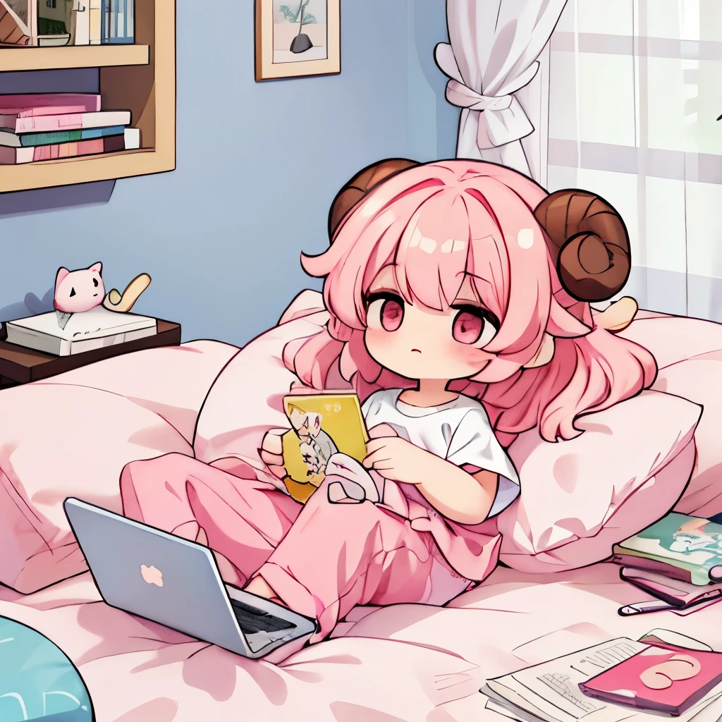 An anime-style illustration of ‘Fua-chan’ lounging around on a day off. Fua-chan has distinctive features: long pink hair styled in soft curls resembling sheep’s horns, and pink eyes. She is depicted wearing comfortable, casual clothing, such as a loose t-shirt and shorts or pajamas. She is lounging on a sofa or bed, surrounded by cozy blankets and pillows, with a relaxed and lazy expression. She might have a book, smartphone, or TV remote in hand, and snacks nearby. The background shows a cozy, well-lit room with soft furnishings, creating a warm and inviting atmosphere perfect for a lazy day off.