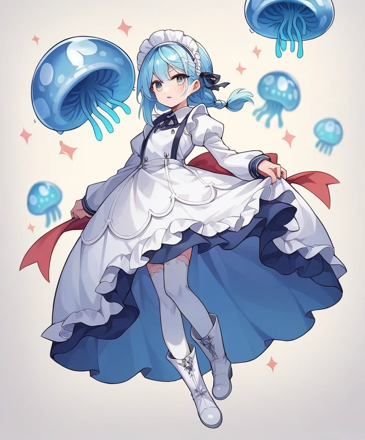 Woman with hair like a jellyfish, with a jellyfish on his head as a hat, very pale skin, clothing a light blue and white maid outfit that the dress is low-cut but at the same time a dress, that has white stockings with white lace, loose and short white boots. anime style