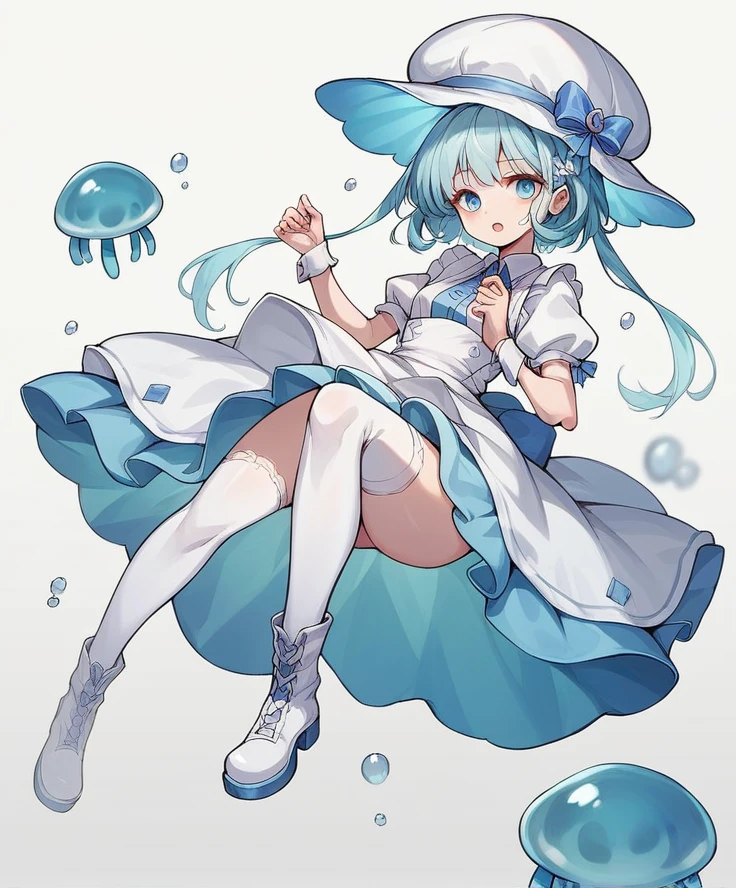 Woman with hair like a jellyfish, with a jellyfish on his head as a hat, very pale skin, clothing a light blue and white maid outfit that the dress is low-cut but at the same time a dress, that has white stockings with white lace, loose and short white boots. anime style