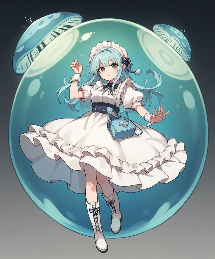 Woman with hair like a jellyfish, with a jellyfish on his head as a hat, very pale skin, clothing a light blue and white maid outfit that the dress is low-cut but at the same time a dress, that has white stockings with white lace, loose and short white boots. anime style
